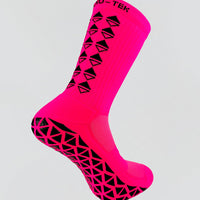 Neon pink grip socks by ALKO-TEK with durable polyamide material for athletic performance and superior traction